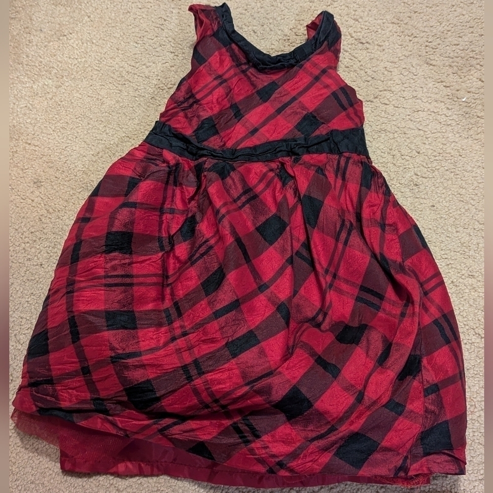 Janie & Jack Pretty In Plaid Black & Red Buffalo Plaid Holiday Silk Dress Size 3